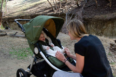 Organic Cotton Infant Insert on Bumbleride Indie All Terrain Stroller Camp Green Closeup